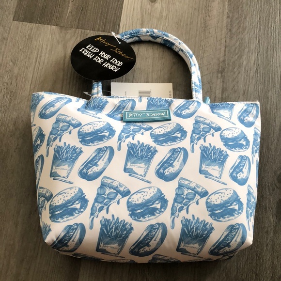 Betsey Johnson Handbags - Betsey Johnson Insulated Satchel Lunch Tote White & Blue Fast Food Print NWT
